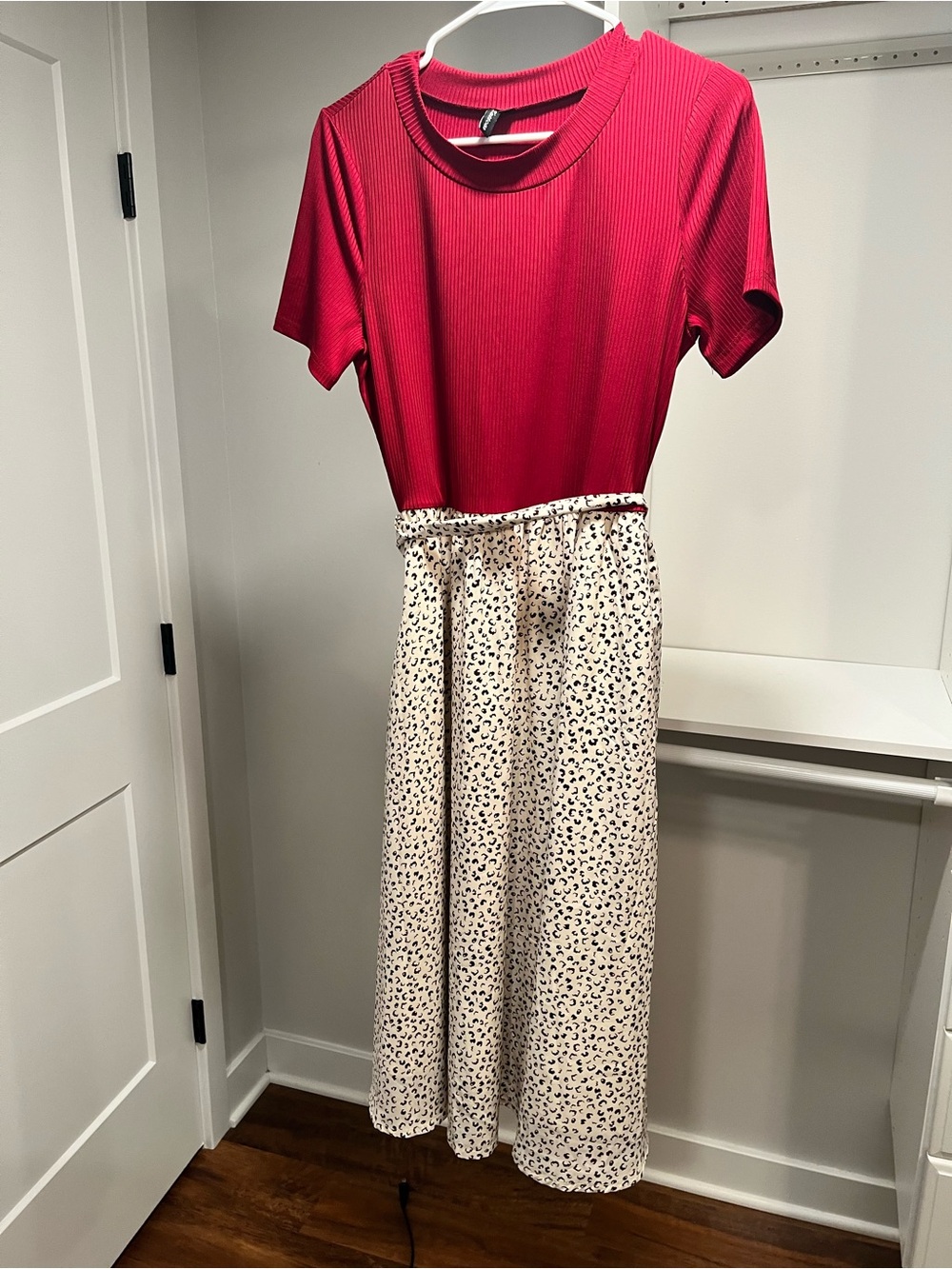 Red Ribbed Top Midi Dress with Cream Leopard Skirt